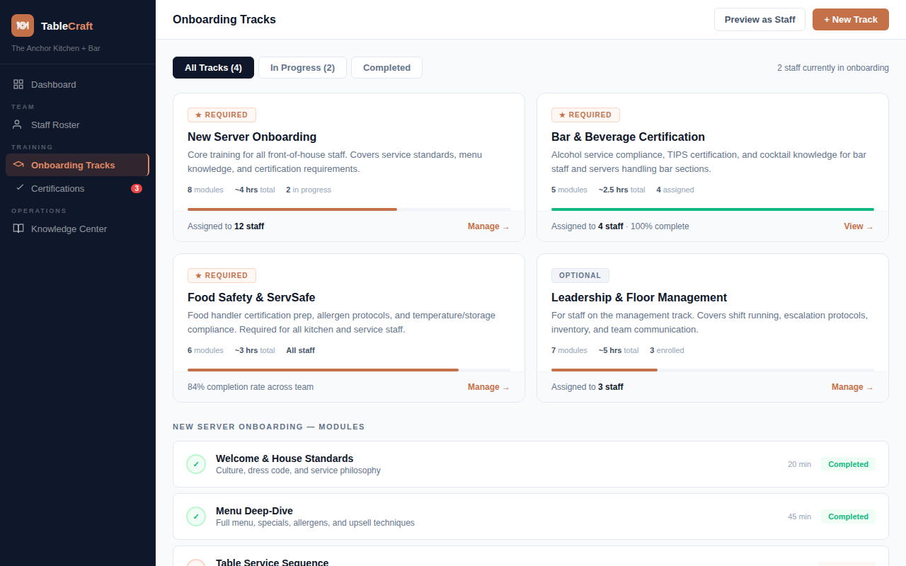 TableCraft Onboarding Tracks